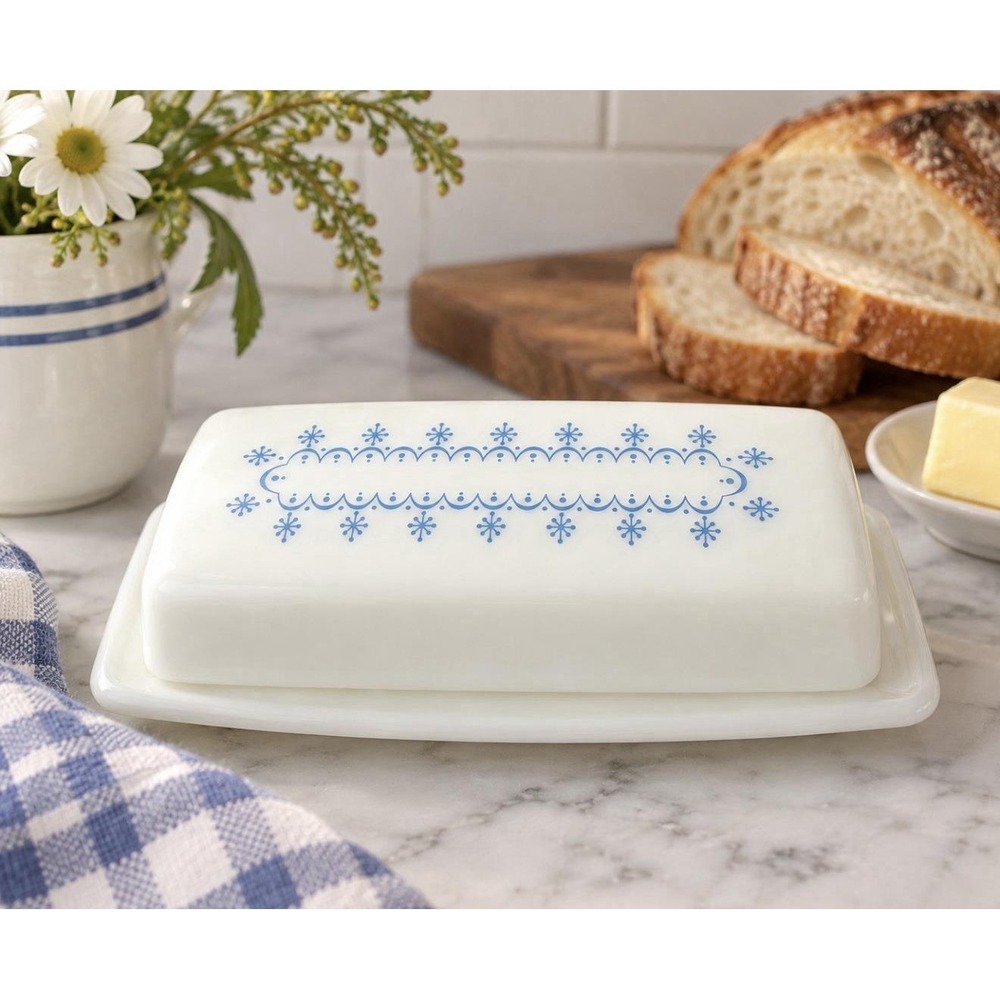 Vintage Pyrex Snowflake Garland Butter Dish Blue White Milk Glass Complete